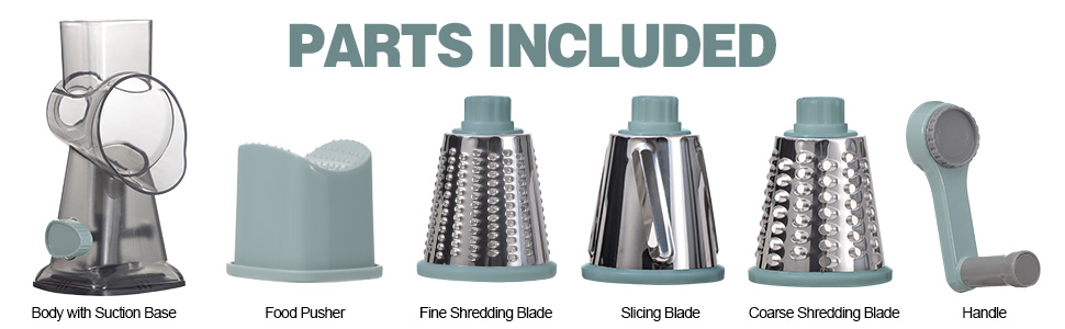 Cheese Grater Cheese Shredder with 3 Interchangeable Blades, Rotary Cheese Grater Manual Vegetable Slicer with Non-slip Suction Base Peanut Nuts Grinder Vegetable Shredder Clear