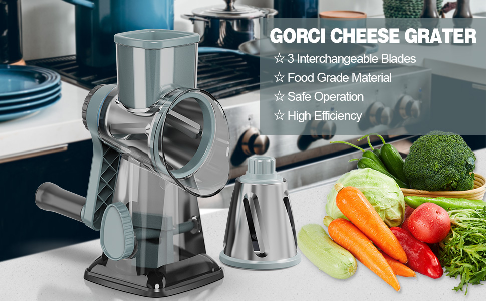 Cheese Grater Cheese Shredder with 3 Interchangeable Blades, Rotary Cheese Grater Manual Vegetable Slicer with Non-slip Suction Base Peanut Nuts Grinder Vegetable Shredder Clear