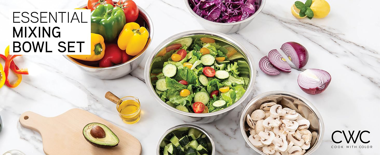COOK WITH COLOR Stainless Steel Mixing Bowls Set - Nesting Bowls, 6 Pieces, Silver with Non Slip Bottom