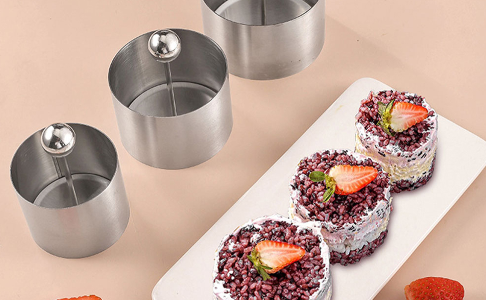 VOSAREA 3PCS Sushi Molds Onigiri Sushi Making Molds Stainless Steel Round Pastry Ring Cake Forming Rings with Pusher Food Presentation Rings Tuna Tartare Mold