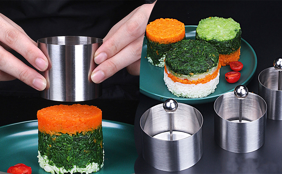 VOSAREA 3PCS Sushi Molds Onigiri Sushi Making Molds Stainless Steel Round Pastry Ring Cake Forming Rings with Pusher Food Presentation Rings Tuna Tartare Mold
