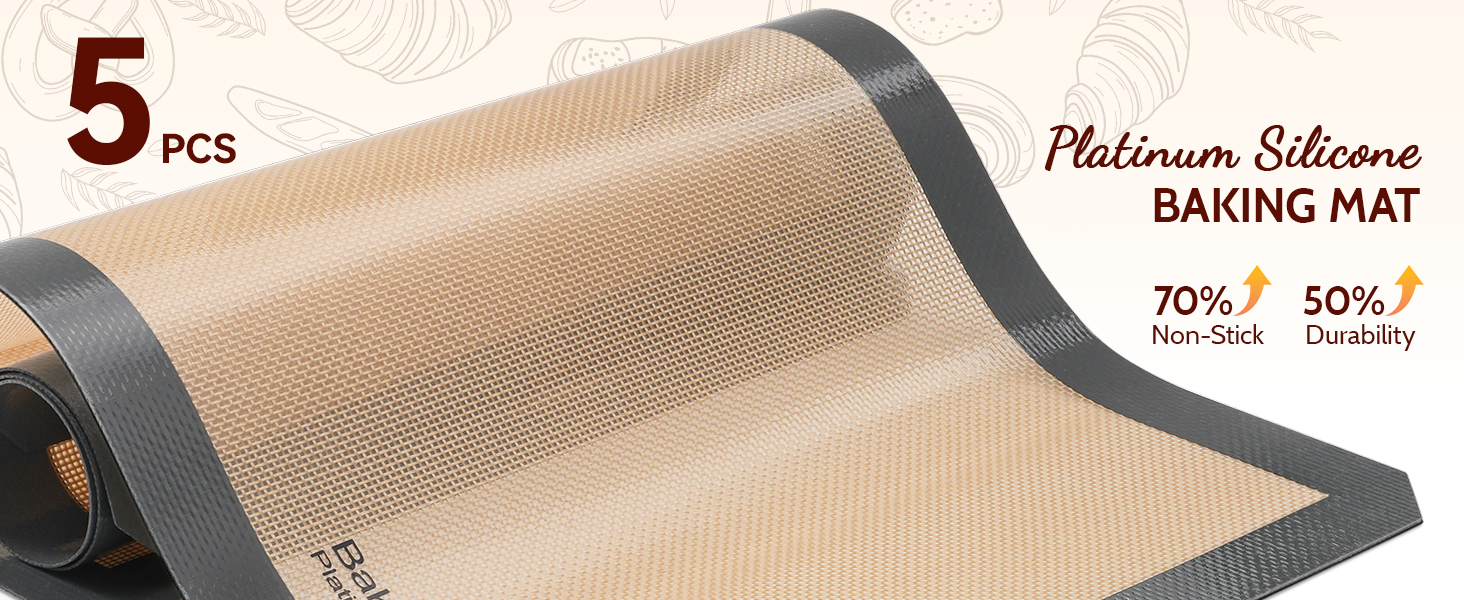 Silicone Baking Mat - Sopito Platinum Silicone - Non-Stick, Food Safe, Reusable Baking Sheet Liner, 5Pcs Set for Half Sheet Size Tray & Quarter Size Tray and 9'' Pizza pan, Grey