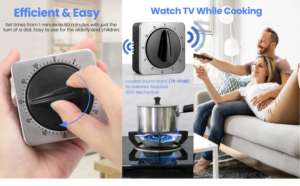 Kitchen Timers for Cooking, Chef Cooking Timer Clock with Loud Alarm,100% Mechanical Desk Timer - No Batteries Required - Magnetic Backing, Exquisite Stainless Steel Body - Countdown Reminder Magnetic