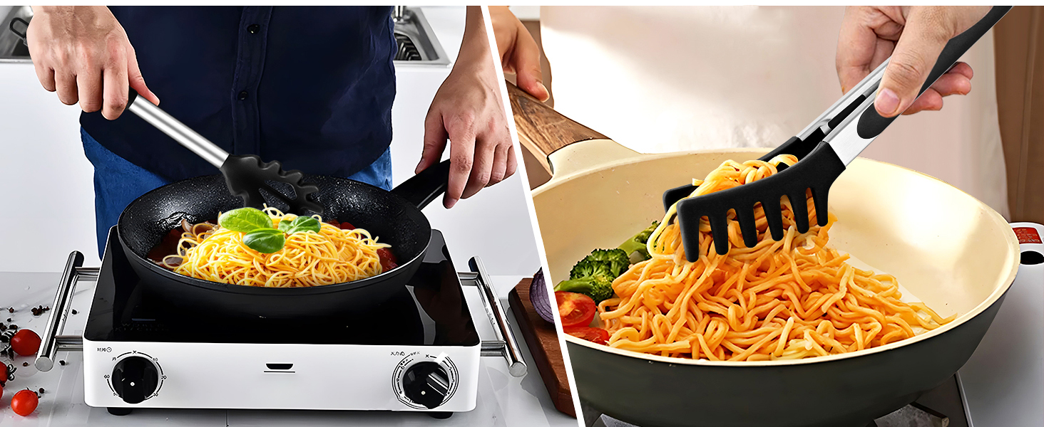 Spaghetti Spoon and Pasta Tong, Non-stick Silicone Spoon Server Fork with teeth and Stainless Steel Handle Spaghetti Tong, Food Clip for Spaghetti Noodle (BLACK)