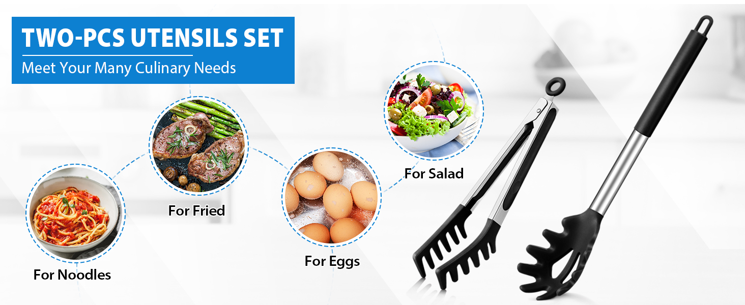 Spaghetti Spoon and Pasta Tong, Non-stick Silicone Spoon Server Fork with teeth and Stainless Steel Handle Spaghetti Tong, Food Clip for Spaghetti Noodle (BLACK)