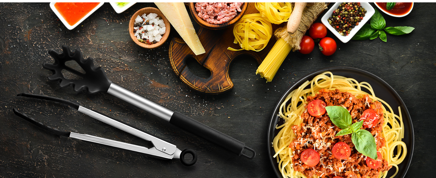Spaghetti Spoon and Pasta Tong, Non-stick Silicone Spoon Server Fork with teeth and Stainless Steel Handle Spaghetti Tong, Food Clip for Spaghetti Noodle (BLACK)