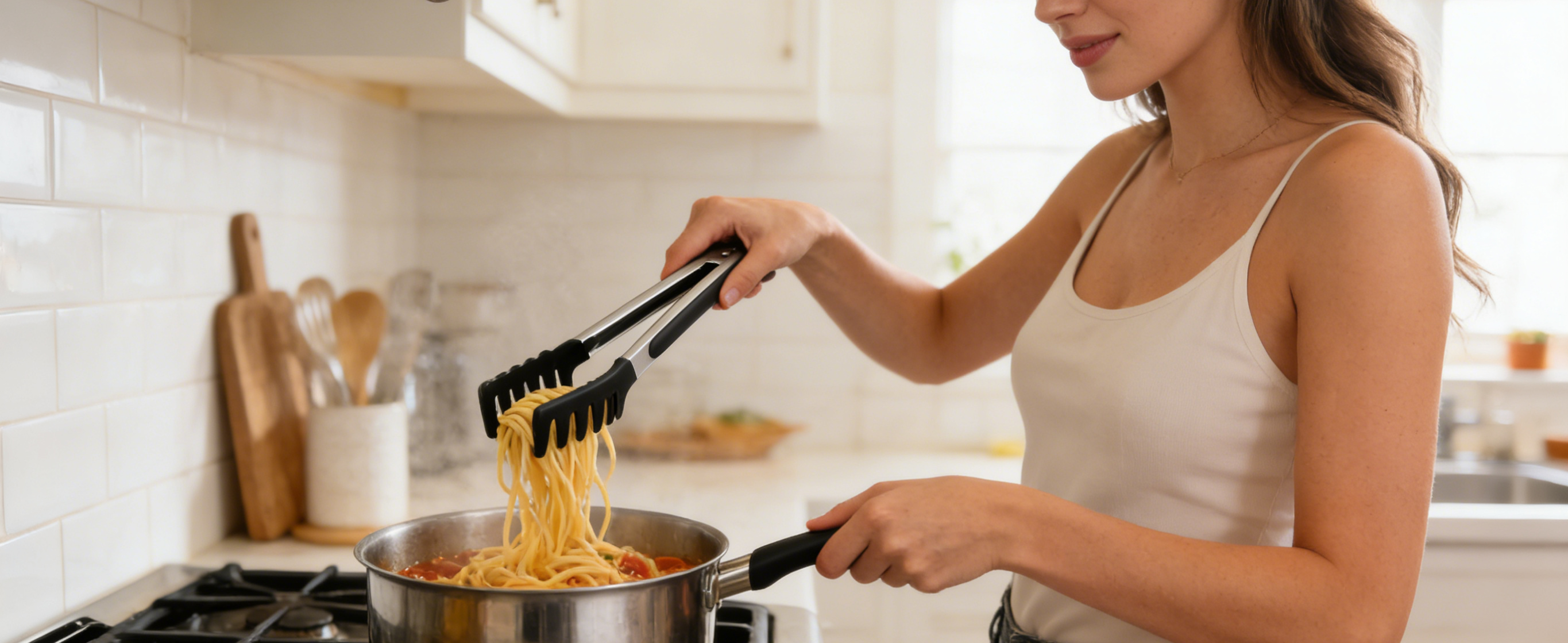 Spaghetti Spoon and Pasta Tong, Non-stick Silicone Spoon Server Fork with teeth and Stainless Steel Handle Spaghetti Tong, Food Clip for Spaghetti Noodle (BLACK)