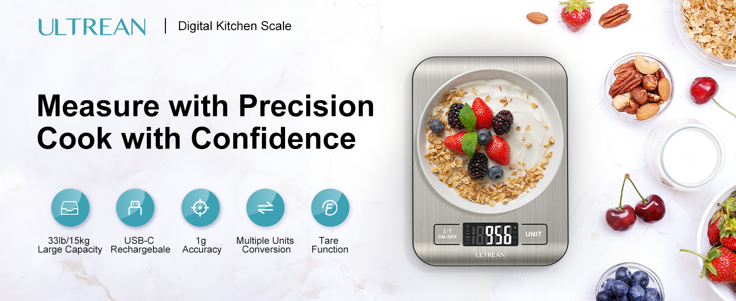 Ultrean Food Scale, 33lb Digital Kitchen Scale for Food Ounces Grams, 304 Stainless Steel, Type-C Charging and Batteries, Perfect for Meal Prep, Cooking, and Baking