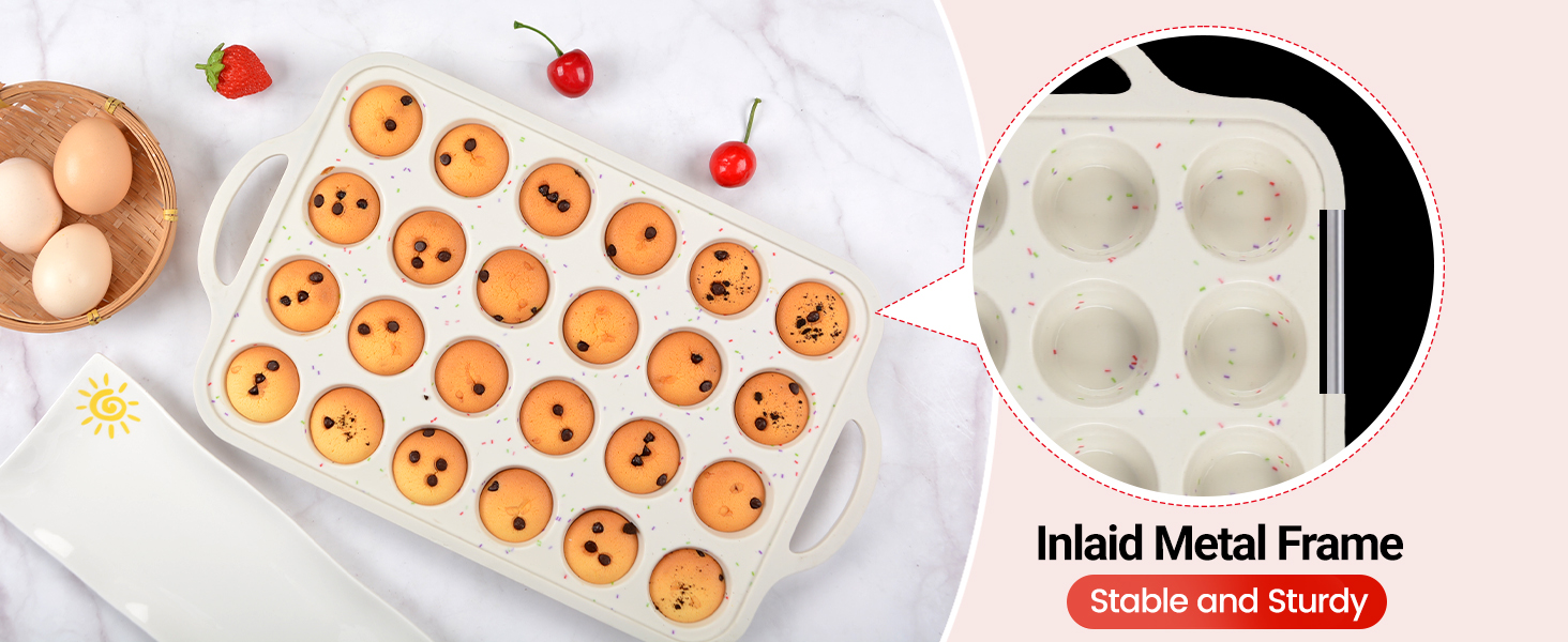 CAKETIME Mini Muffin Pan, Metal Reinforced Frame Mini Cupcake Pans 24 Cups Nonstick Muffin Silicone Molds with Handle for Baking Muffins, Cupcakes, Egg Bites 2 Pack