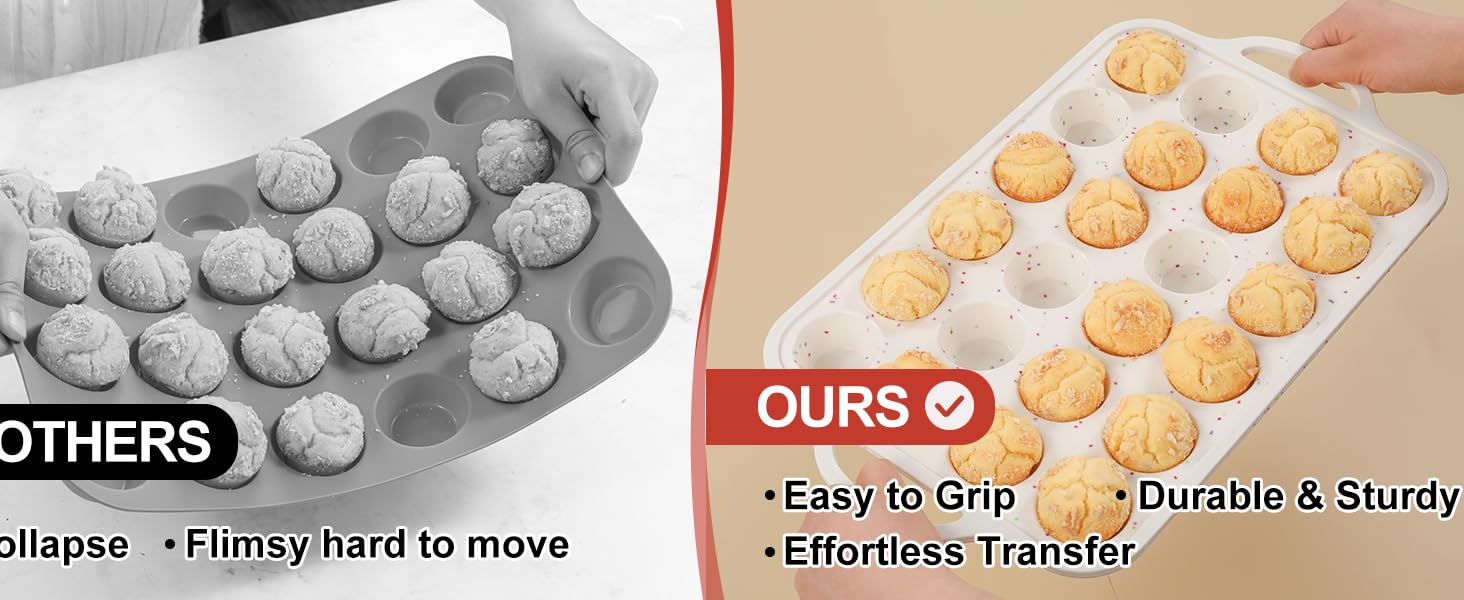 CAKETIME Mini Muffin Pan, Metal Reinforced Frame Mini Cupcake Pans 24 Cups Nonstick Muffin Silicone Molds with Handle for Baking Muffins, Cupcakes, Egg Bites 2 Pack