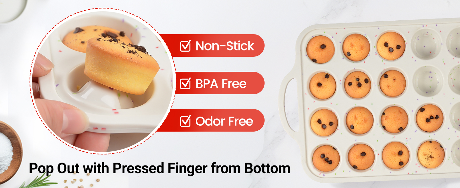 CAKETIME Mini Muffin Pan, Metal Reinforced Frame Mini Cupcake Pans 24 Cups Nonstick Muffin Silicone Molds with Handle for Baking Muffins, Cupcakes, Egg Bites 2 Pack