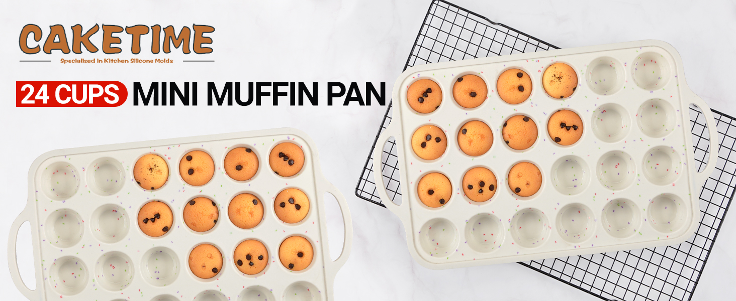 CAKETIME Mini Muffin Pan, Metal Reinforced Frame Mini Cupcake Pans 24 Cups Nonstick Muffin Silicone Molds with Handle for Baking Muffins, Cupcakes, Egg Bites 2 Pack