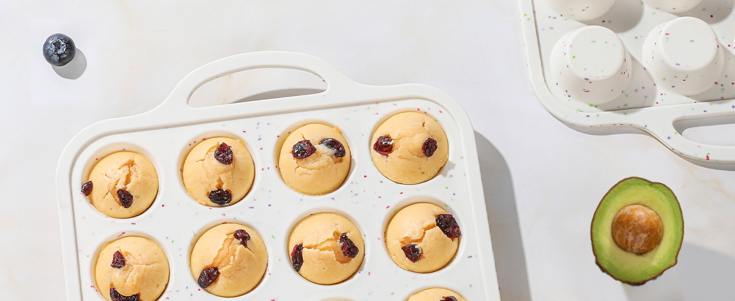 Silicone Mini Muffin Pan With Metal Reinforced Frame - 24 Cups Durable Silicone Cupcake Pan for Muffin, Cupcakes, BPA Free and Dishwasher Safe - 1 Piece Beige with Rainbow Spots