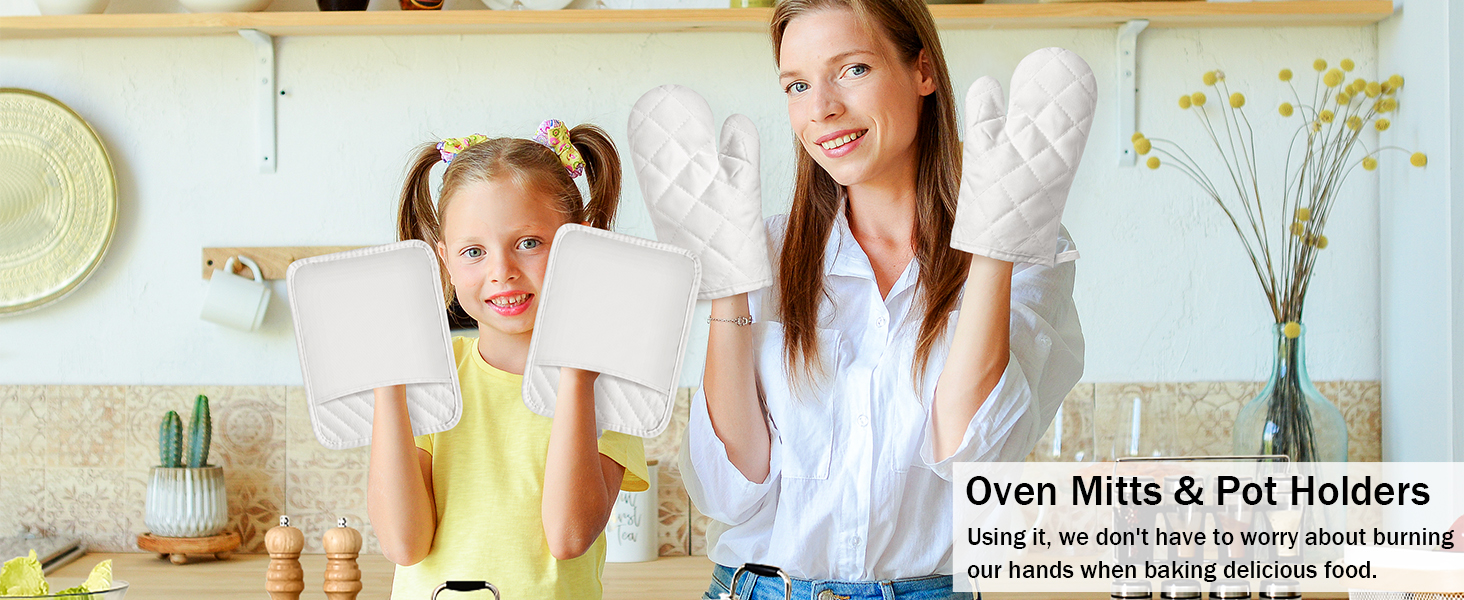 GROBRO7 6Pcs Cotton Oven Mitts and Pot Holders Set Heat Resistant Hot Pads Machine Washable BBQ Gloves with Hanging Loop Durable Pocket Pot Holder for Kitchen Baking Grilling Cooking White