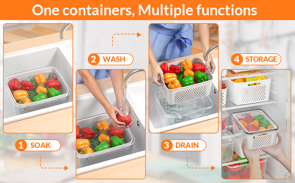 5 PCS Large Fruit Storage Containers for Fridge with Removable Colanders, Airtight Food Storage Containers with 5 Lids, 4 in 1 Produce Containers Keep Berry Fruits Vegetable Food Meat Fresh Longer