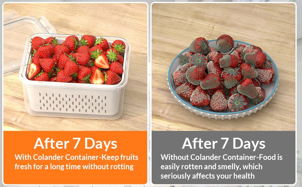 5 PCS Large Fruit Storage Containers for Fridge with Removable Colanders, Airtight Food Storage Containers with 5 Lids, 4 in 1 Produce Containers Keep Berry Fruits Vegetable Food Meat Fresh Longer