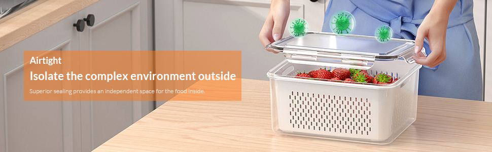 5 PCS Large Fruit Storage Containers for Fridge with Removable Colanders, Airtight Food Storage Containers with 5 Lids, 4 in 1 Produce Containers Keep Berry Fruits Vegetable Food Meat Fresh Longer