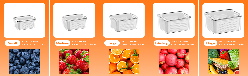5 PCS Large Fruit Storage Containers for Fridge with Removable Colanders, Airtight Food Storage Containers with 5 Lids, 4 in 1 Produce Containers Keep Berry Fruits Vegetable Food Meat Fresh Longer