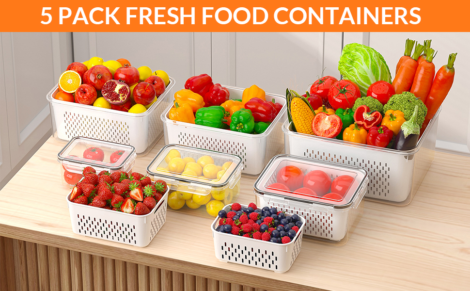 5 PCS Large Fruit Storage Containers for Fridge with Removable Colanders, Airtight Food Storage Containers with 5 Lids, 4 in 1 Produce Containers Keep Berry Fruits Vegetable Food Meat Fresh Longer