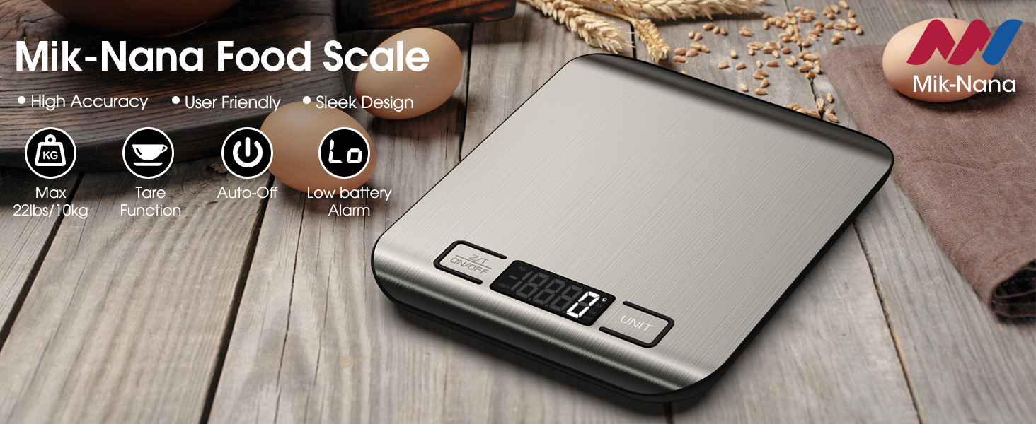 Mik-Nana Food Scale, 22lb Digital Kitchen Scale Weight Grams and Ounces for Baking Cooking Coffee Package Postage, 6 Units with Tare Function, LCD Display, Easy Clean Stainless Steel