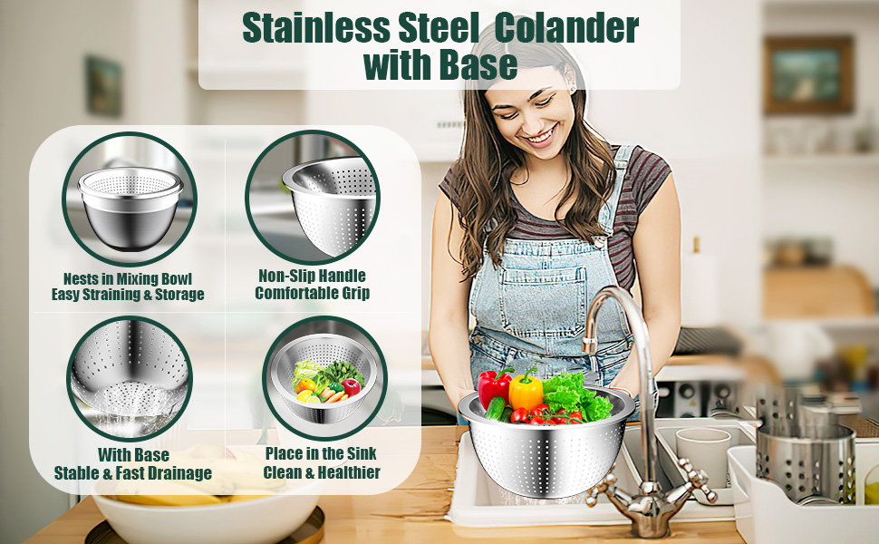 Mixing Bowls with Airtight Lids Set, 4 Stainless Steel Bowls Nesting Bowls & Colander, Kitchen Organizers and Storage Non-Slip Bottom, Size 1.5/2.0/2.5/4.5QT, Great for Mixing & Serving, Black