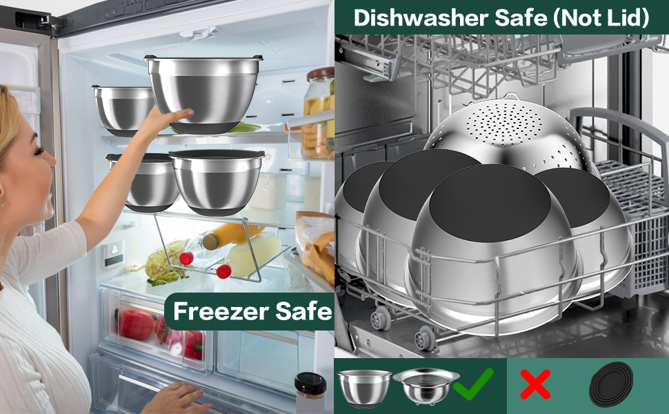 Mixing Bowls with Airtight Lids Set, 4 Stainless Steel Bowls Nesting Bowls & Colander, Kitchen Organizers and Storage Non-Slip Bottom, Size 1.5/2.0/2.5/4.5QT, Great for Mixing & Serving, Black