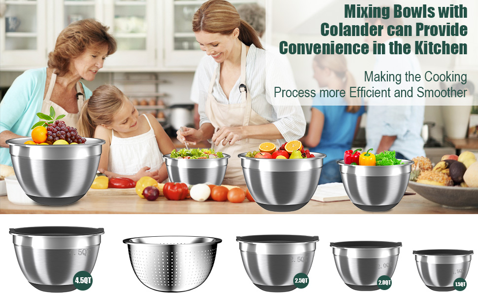 Mixing Bowls with Airtight Lids Set, 4 Stainless Steel Bowls Nesting Bowls & Colander, Kitchen Organizers and Storage Non-Slip Bottom, Size 1.5/2.0/2.5/4.5QT, Great for Mixing & Serving, Black