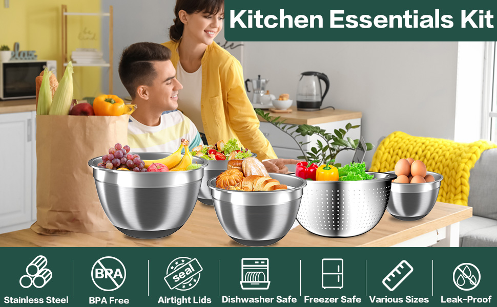 Mixing Bowls with Airtight Lids Set, 4 Stainless Steel Bowls Nesting Bowls & Colander, Kitchen Organizers and Storage Non-Slip Bottom, Size 1.5/2.0/2.5/4.5QT, Great for Mixing & Serving, Black
