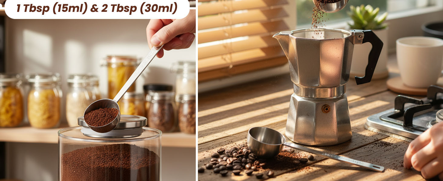 2PCS Stainless Steel Coffee Scoop Set - 1 tbsp (15ml) & 2 tbsp (30ml) Long Handle Ground Coffee Measuring Spoons 1&2 Tablespoon Scoop for Tea, Spices, Protein Powder, Kitchen & Barista Tools
