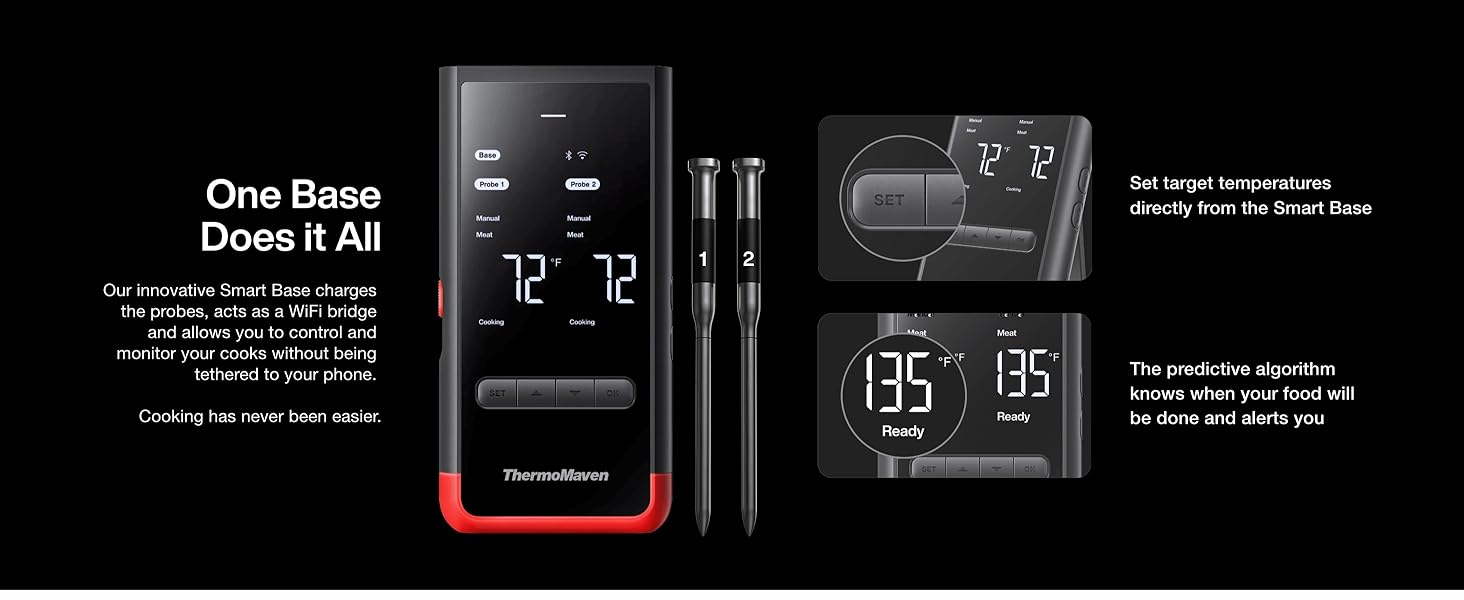 ThermoMaven Smart Bluetooth Wireless Meat Thermometer: Standalone Base, WiFi Unlimited Range, 6 Sensors with NIST Certified Accuracy, 2 Probes for Kitchen, BBQ, Grill, Oven, Smoker, Rotisserie