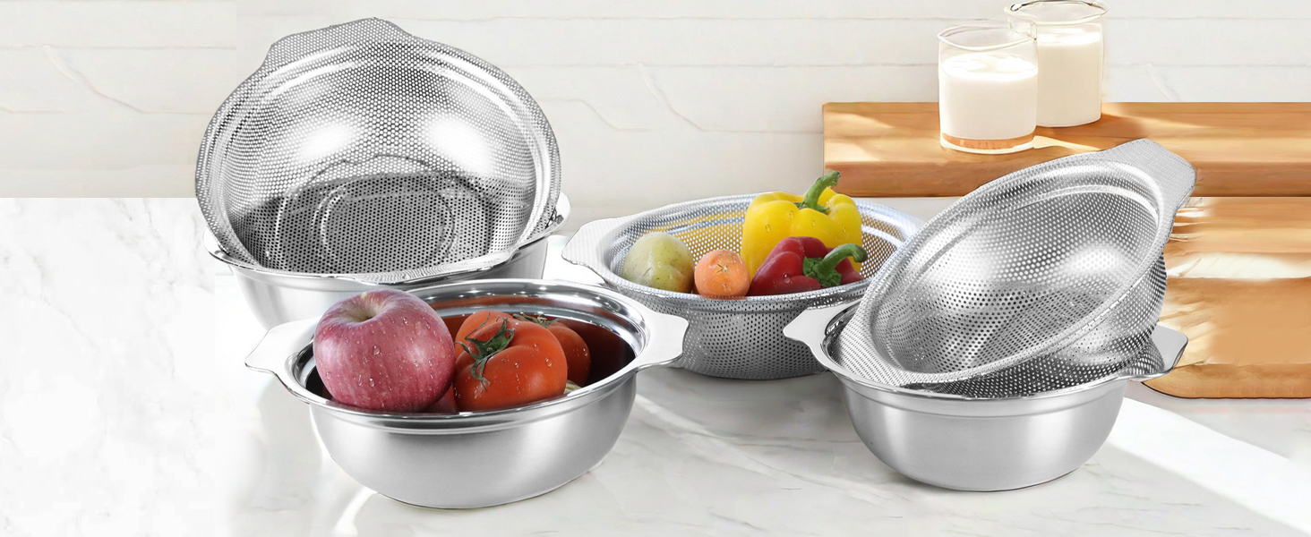Stainless Steel Colander for Kitchen, 2.5QT Rice Washer Strainer with Mixing Bowl, Colander Bowl Set with Microporous for Washing Rice, Pasta, Spaghetti, Fruits, Dishwasher Safe(2PC)