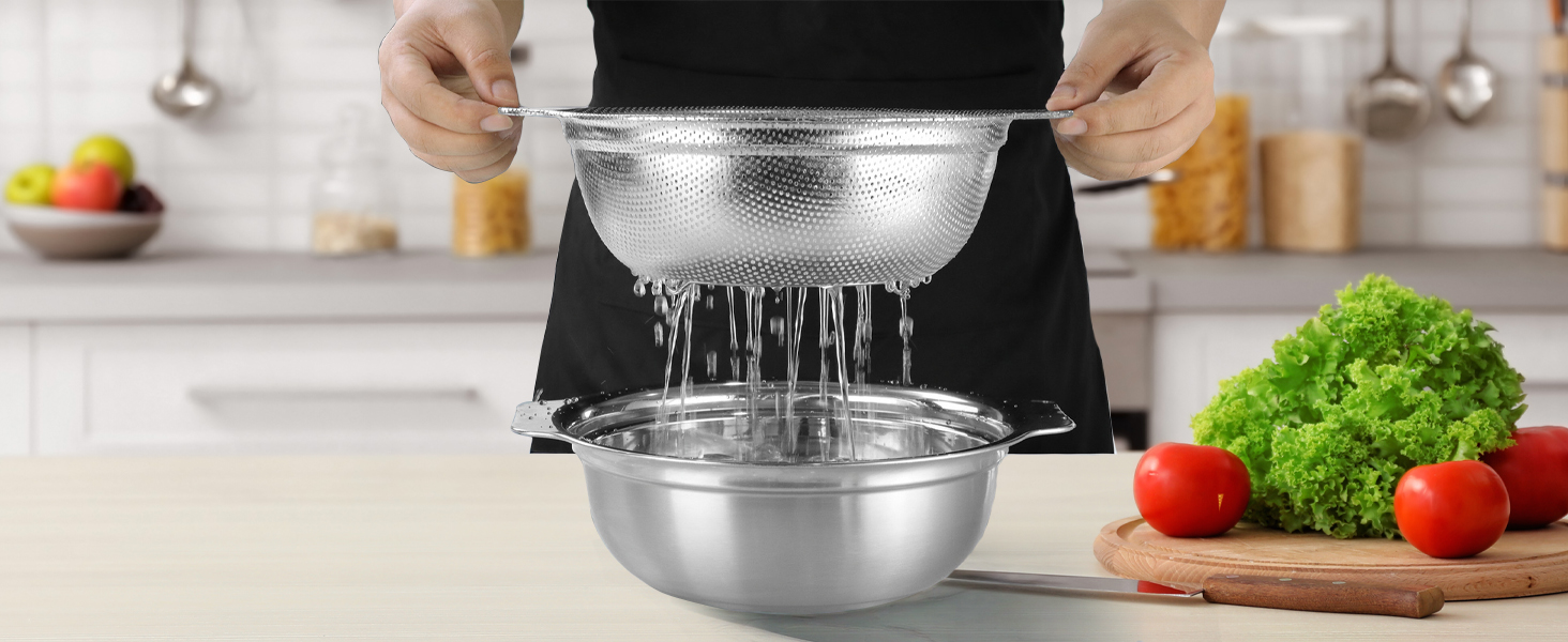 Stainless Steel Colander for Kitchen, 2.5QT Rice Washer Strainer with Mixing Bowl, Colander Bowl Set with Microporous for Washing Rice, Pasta, Spaghetti, Fruits, Dishwasher Safe(2PC)