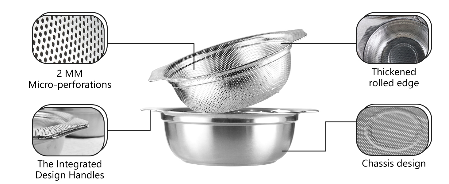 Stainless Steel Colander for Kitchen, 2.5QT Rice Washer Strainer with Mixing Bowl, Colander Bowl Set with Microporous for Washing Rice, Pasta, Spaghetti, Fruits, Dishwasher Safe(2PC)