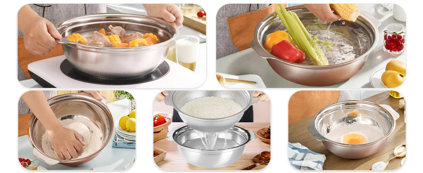 Stainless Steel Colander for Kitchen, 2.5QT Rice Washer Strainer with Mixing Bowl, Colander Bowl Set with Microporous for Washing Rice, Pasta, Spaghetti, Fruits, Dishwasher Safe(2PC)