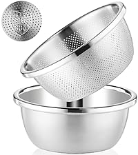 Stainless Steel Colander for Kitchen, 2.5QT Rice Washer Strainer with Mixing Bowl, Colander Bowl Set with Microporous for Washing Rice, Pasta, Spaghetti, Fruits, Dishwasher Safe(2PC)