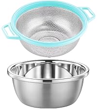 Stainless Steel Colander for Kitchen, 2.5QT Rice Washer Strainer with Mixing Bowl, Colander Bowl Set with Microporous for Washing Rice, Pasta, Spaghetti, Fruits, Dishwasher Safe(2PC)