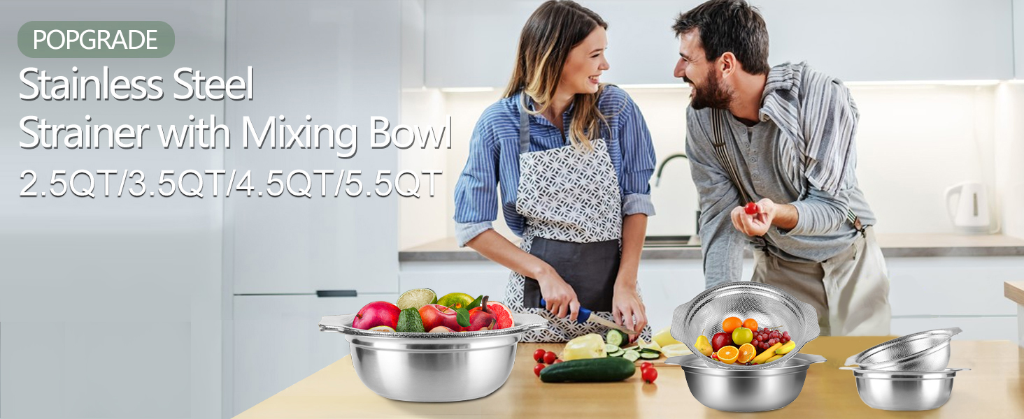 Stainless Steel Colander for Kitchen, 2.5QT Rice Washer Strainer with Mixing Bowl, Colander Bowl Set with Microporous for Washing Rice, Pasta, Spaghetti, Fruits, Dishwasher Safe(2PC)
