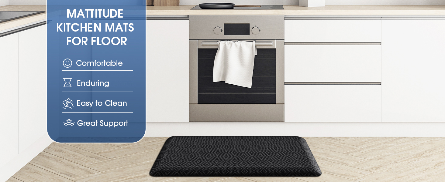 Mattitude Kitchen Mat Cushioned Anti-Fatigue Floor Mat Water Resistant Non-Slip Mats and Rugs Standing and Comfort Desk Mats for House Sink Office Laundry (Black, 17.3