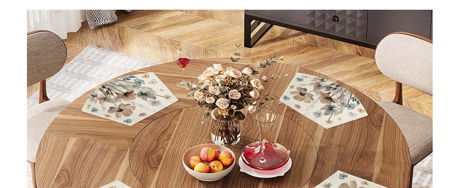 Artoid Mode Brown Poppy Floral Round Table Wedge Placemats Set of 4, Seasonal Kitchen Dining Table Decoration for Indoor Party Home