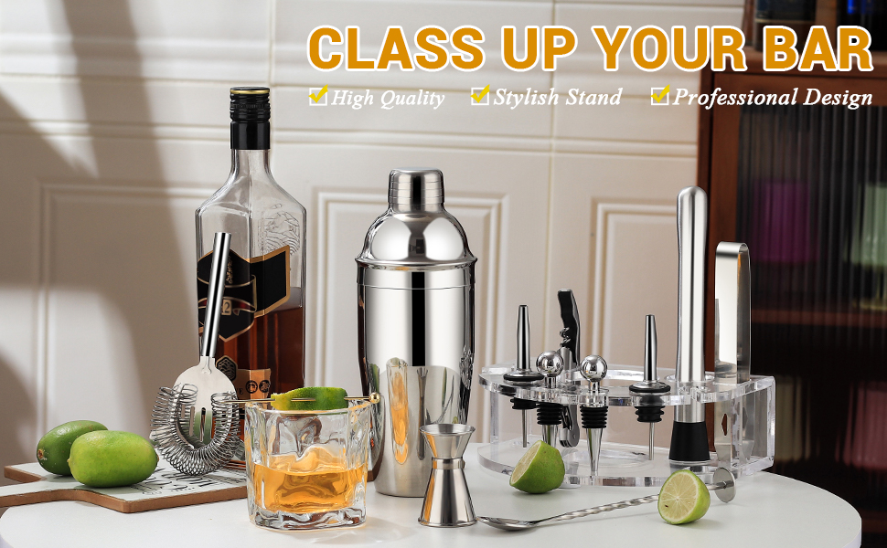 Bartender Kit Cocktail Shaker Set, Stainless Steel Cocktail Kit with 12 Piece Bar Accessories, 25oz Shaker Bar Set Drink Mixer Set with Stand Jigger Strainer Spoon Muddler for Cocktails (Silver)