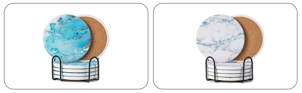 Hoewina 6Pcs Drink Coasters with Holder, Natural Style Ceramic Drink Coaster, Absorbent Coasters Set Suitable for Kinds of Cups, Modern Style Coasters for Coffee Table, 4 Inches（Style 6）