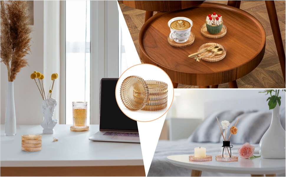 Modern Clear Coaster Set of 5- Glass Coasters for Drinks Crystal Coasters Round Cup Coasters Coffee Table Decor for Office, Kitchen, Bar, Dining Room, Living Room, Patio(Amber)