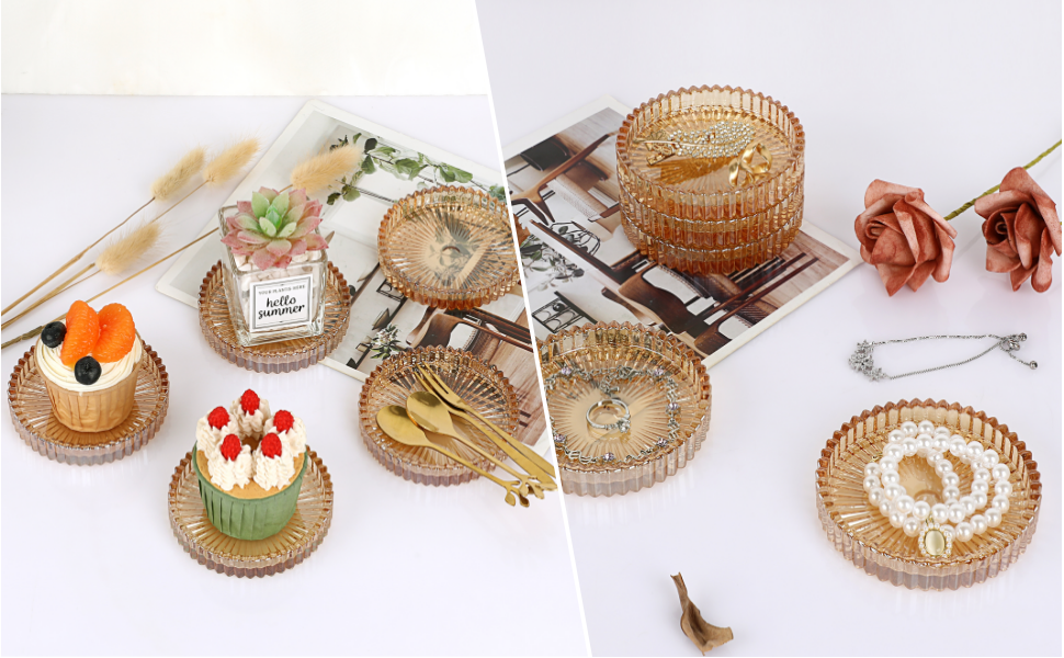 Modern Clear Coaster Set of 5- Glass Coasters for Drinks Crystal Coasters Round Cup Coasters Coffee Table Decor for Office, Kitchen, Bar, Dining Room, Living Room, Patio(Amber)