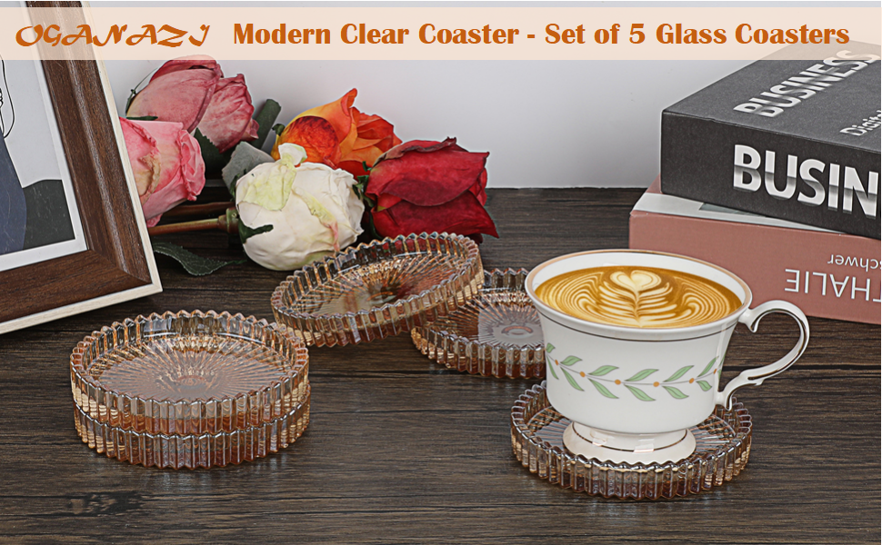 Modern Clear Coaster Set of 5- Glass Coasters for Drinks Crystal Coasters Round Cup Coasters Coffee Table Decor for Office, Kitchen, Bar, Dining Room, Living Room, Patio(Amber)