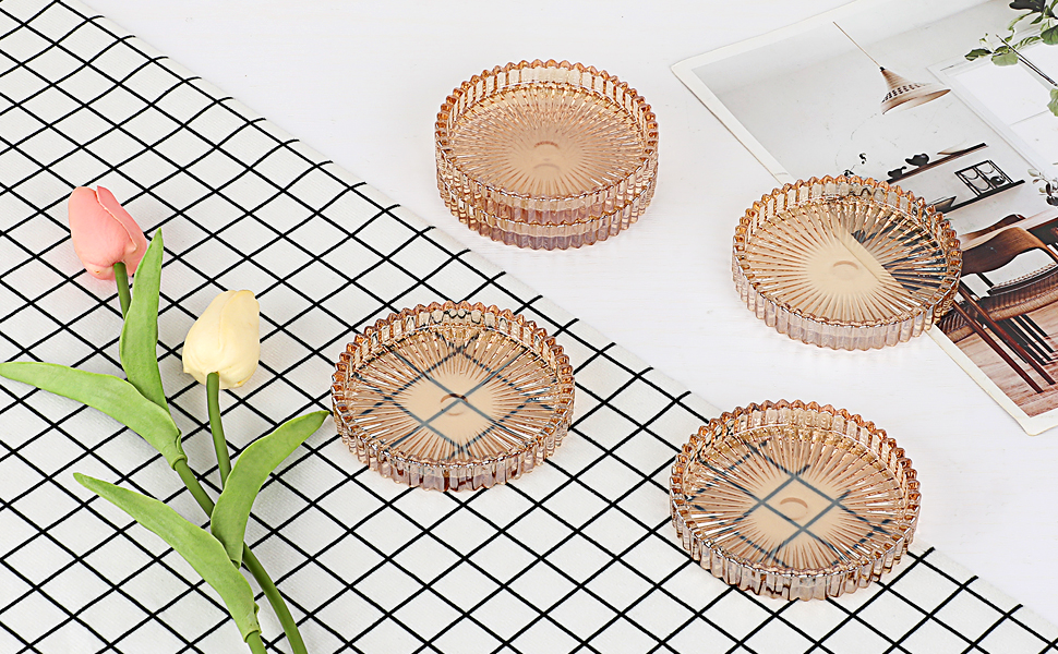 Modern Clear Coaster Set of 5- Glass Coasters for Drinks Crystal Coasters Round Cup Coasters Coffee Table Decor for Office, Kitchen, Bar, Dining Room, Living Room, Patio(Amber)