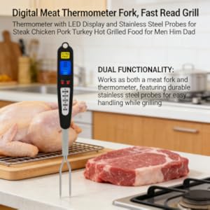 Digital Meat Thermometer Fork, Fast Read Grill Thermometer with LED Display and Stainless Steel Probes for Steak Chicken Pork Turkey Hot Grilled Food for Men Him Dad