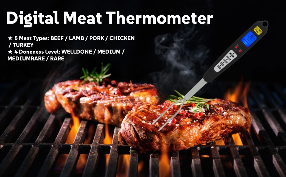 Digital Meat Thermometer Fork, Fast Read Grill Thermometer with LED Display and Stainless Steel Probes for Steak Chicken Pork Turkey Hot Grilled Food for Men Him Dad