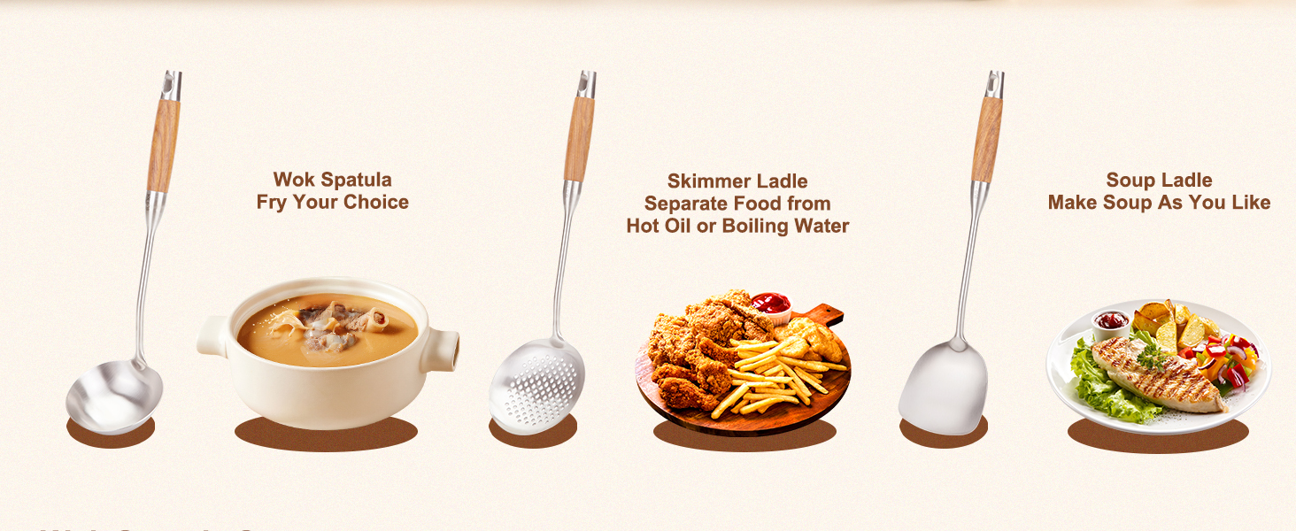 FJNATINH Wok Utensils - Wok tTools - Spatula and Ladle, Skimmer Spoon Set Metal 304 Stainless Steel Kitchen Cooking Utensils Sets, 3-Pieces Wok Tools, Wooden Handle 14-15 Inch