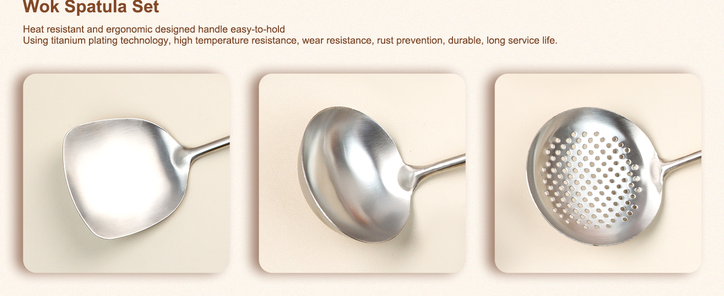 FJNATINH Wok Utensils - Wok tTools - Spatula and Ladle, Skimmer Spoon Set Metal 304 Stainless Steel Kitchen Cooking Utensils Sets, 3-Pieces Wok Tools, Wooden Handle 14-15 Inch