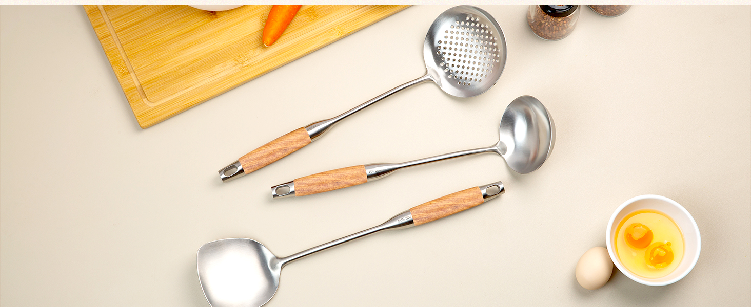 FJNATINH Wok Utensils - Wok tTools - Spatula and Ladle, Skimmer Spoon Set Metal 304 Stainless Steel Kitchen Cooking Utensils Sets, 3-Pieces Wok Tools, Wooden Handle 14-15 Inch
